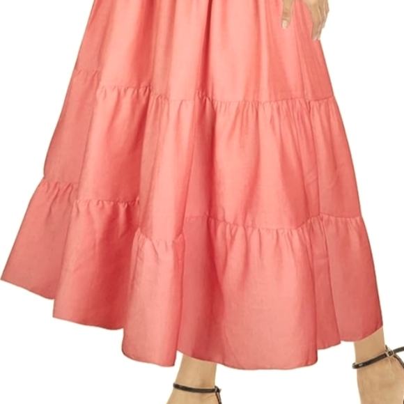 Coral Orange Retro Sun Dress Off Shoulder Tiered Maxi Long Prairie Sundress 50s - Picture 5 of 12